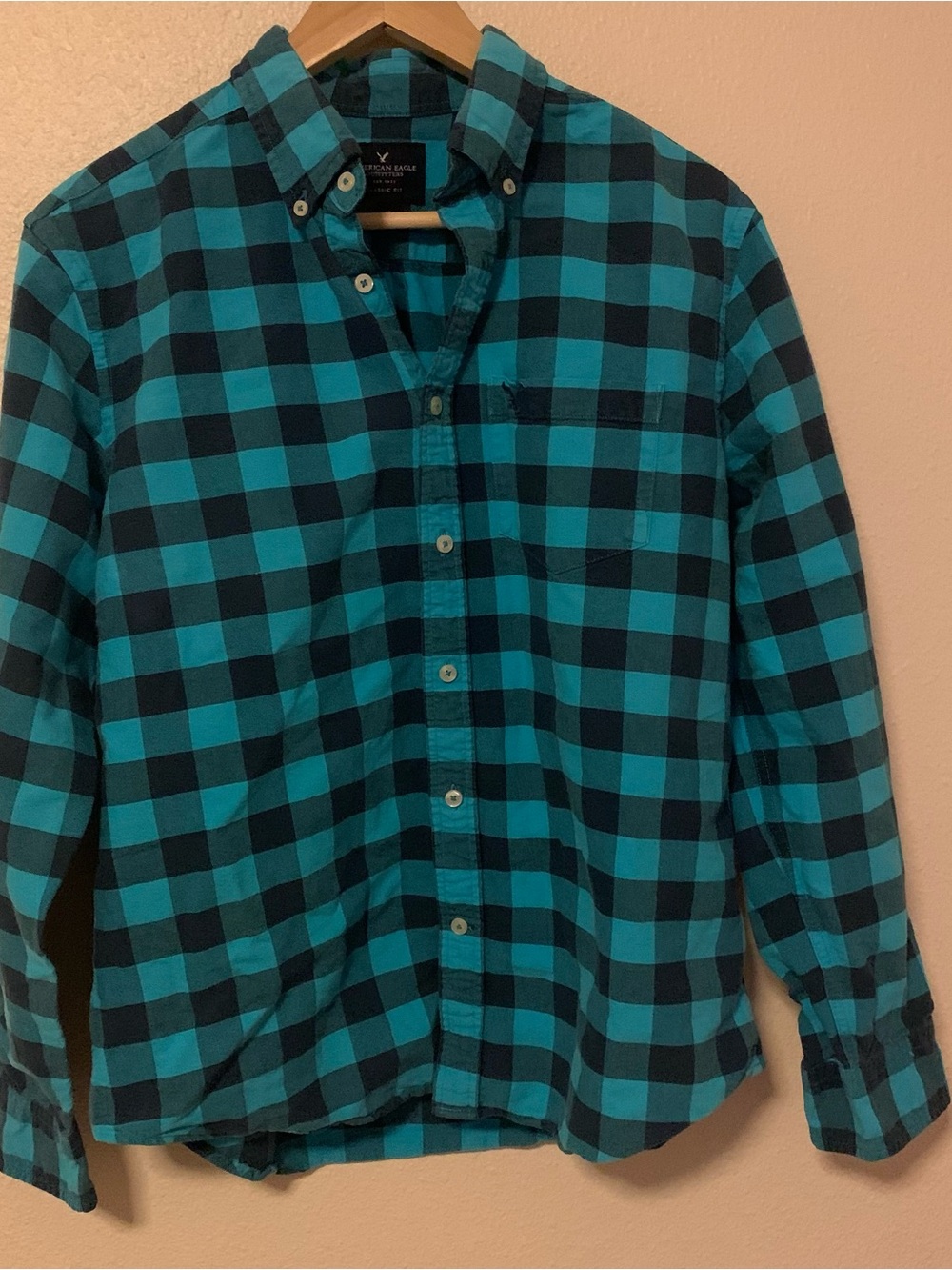 American Eagle Outfitters Teal and Black Plaid Button-Down Shirt